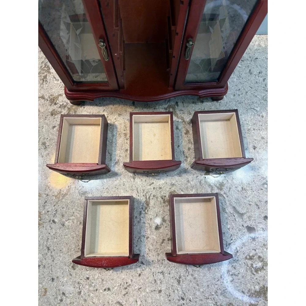 Vintage Wooden Jewelry Armoire Cherry Finish Etched Glass 5 Drawers Mirror Box